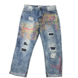 Misslook Denim Paint Abstract Splatter Distressed Cuffed Jeans